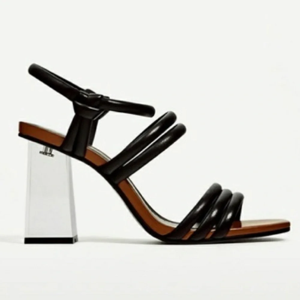 Zara Lucite clear heel Black Brown leather sandals - Picture 3 of 10